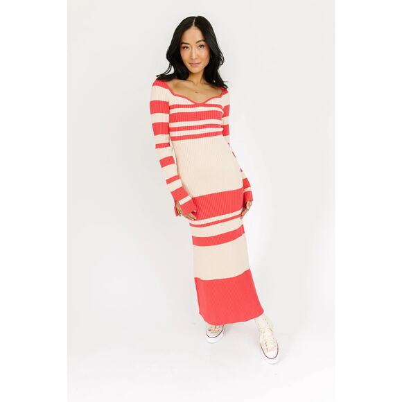 ZOCO Zoe Knit Dress Striped Sweater Maxi Cream Coral Pink Stretch Womens Small - Picture 1 of 5